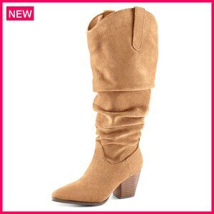 Wide Calf Knee High Boots Chunky Heel Pointed Toe Slouchy Tall Zipper